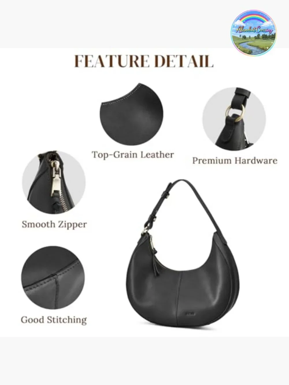 Top Grain Leather Hobo Crescent Shoulder Bag Purse